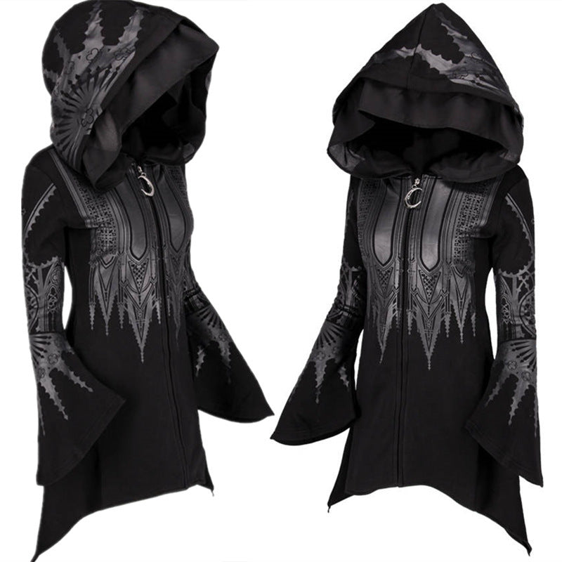 Halloween Cosplay Hoodie Women's Punk Black Long Hooded Printed Sweater - Fantasiko