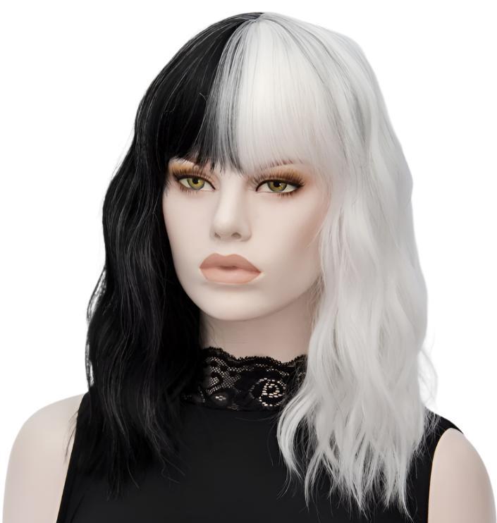 Exotic Black and White Stitching Wig - Short Curly Hair for Halloween Cosplay - Fantasiko