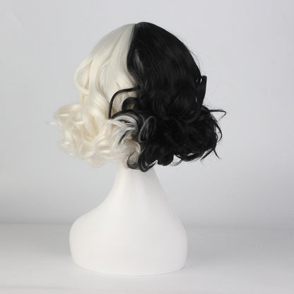 Movie Cruella Wig Anime Cosplay Black And White Color Combination Short Curly Hair - Fantasiko