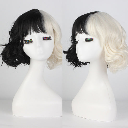 Movie Cruella Wig Anime Cosplay Black And White Color Combination Short Curly Hair - Fantasiko