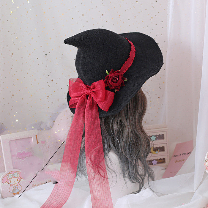 Lolita Halloween Retro Witch Hat Masquerade Rose Big Bow Wizard Hat Gothic Magical Girl Hat Cosplay Accessories Party Decor - Fantasiko