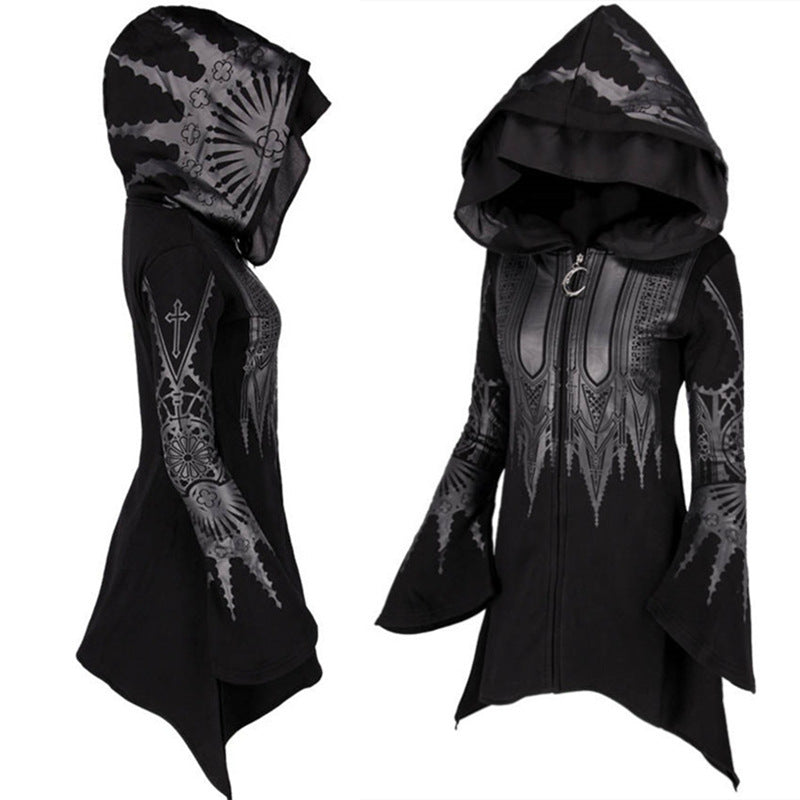 Halloween Cosplay Hoodie Women's Punk Black Long Hooded Printed Sweater - Fantasiko