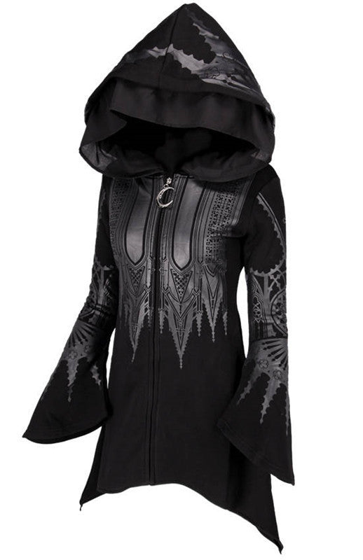 Halloween Cosplay Hoodie Women's Punk Black Long Hooded Printed Sweater - Fantasiko