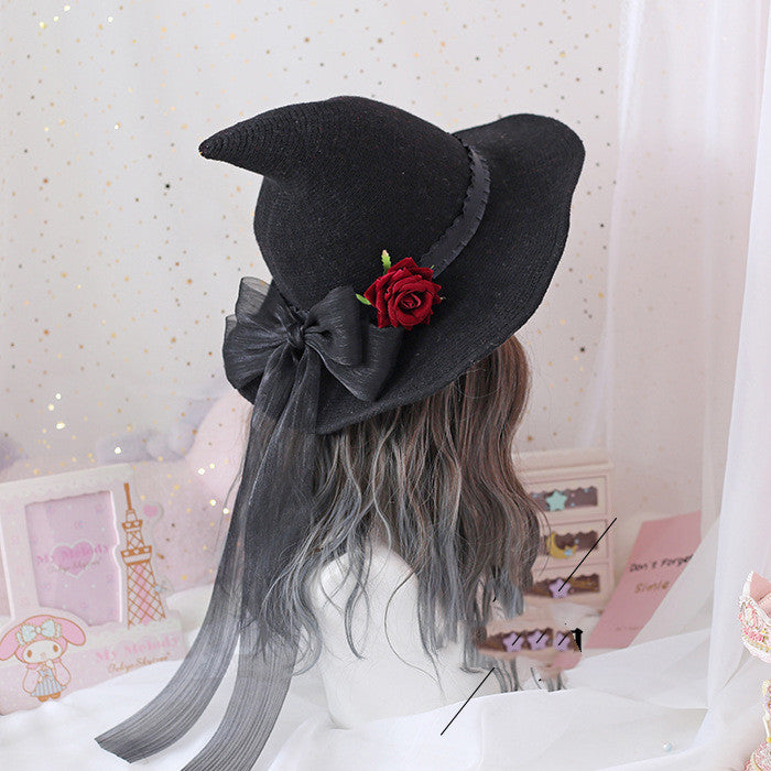 Lolita Halloween Retro Witch Hat Masquerade Rose Big Bow Wizard Hat Gothic Magical Girl Hat Cosplay Accessories Party Decor - Fantasiko