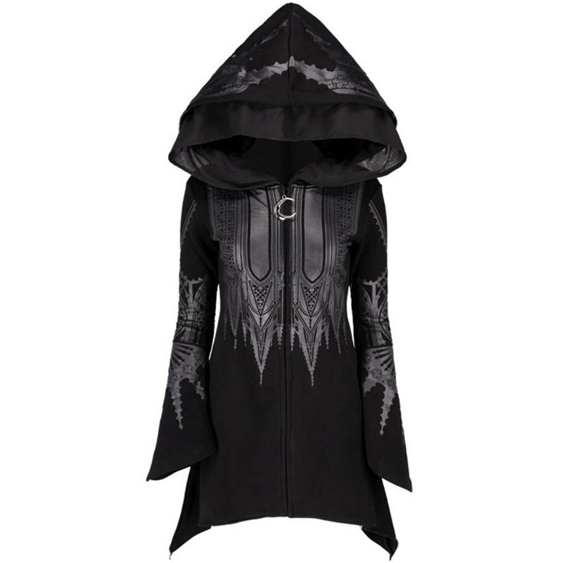 Halloween Cosplay Hoodie Women's Punk Black Long Hooded Printed Sweater - Fantasiko