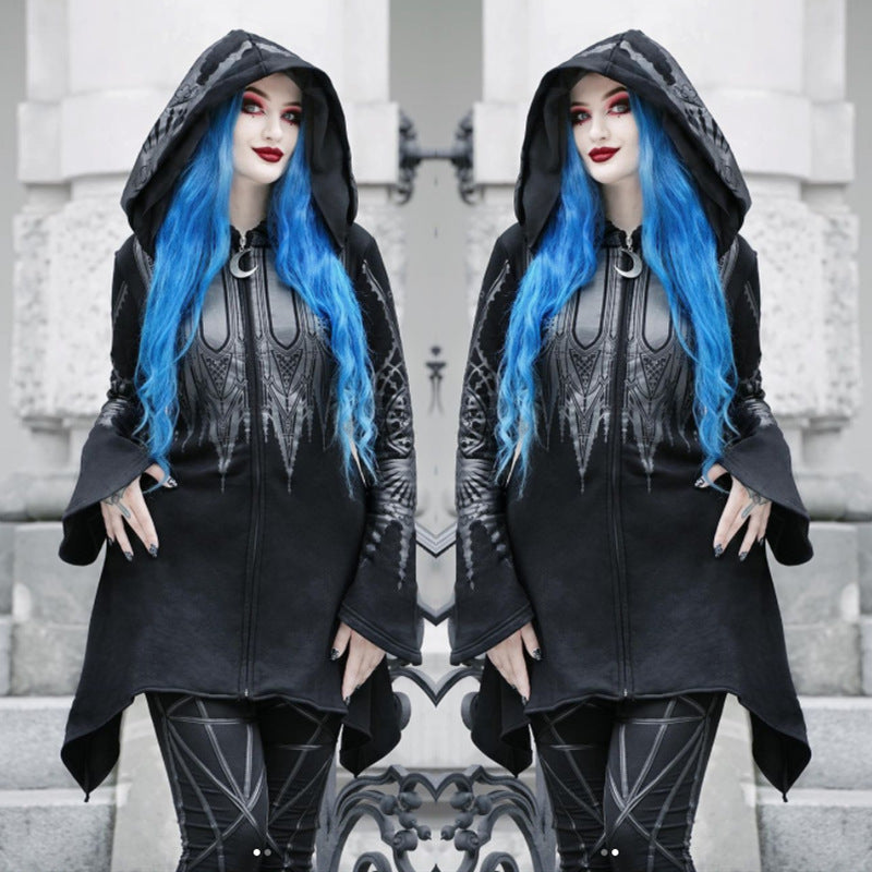 Halloween Cosplay Hoodie Women's Punk Black Long Hooded Printed Sweater - Fantasiko