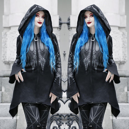 Halloween Cosplay Hoodie Women's Punk Black Long Hooded Printed Sweater - Fantasiko