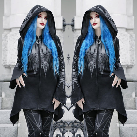 Halloween Cosplay Hoodie Women's Punk Black Long Hooded Printed Sweater - Fantasiko